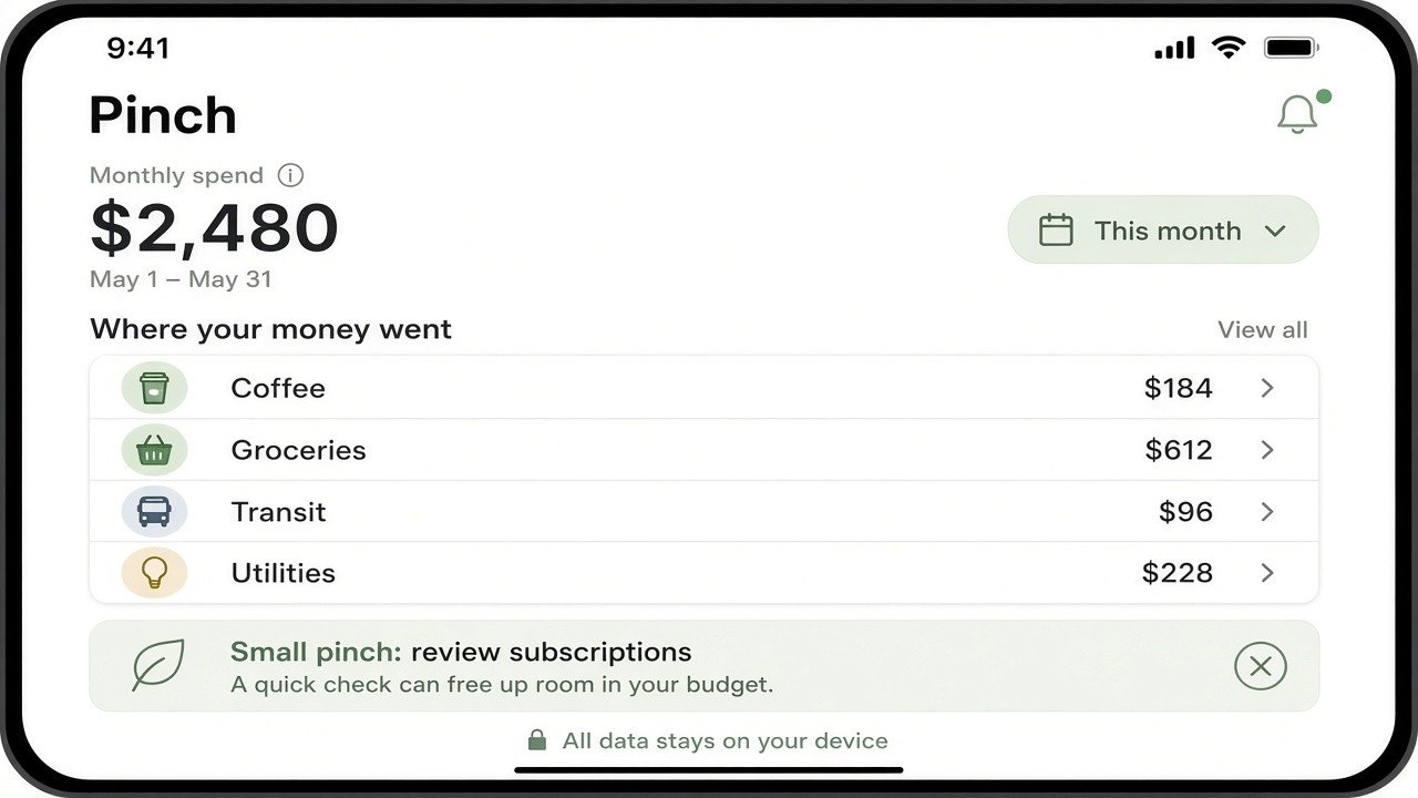 Pinch home: monthly spend, categories, and a small pinch tip — with all data on your device