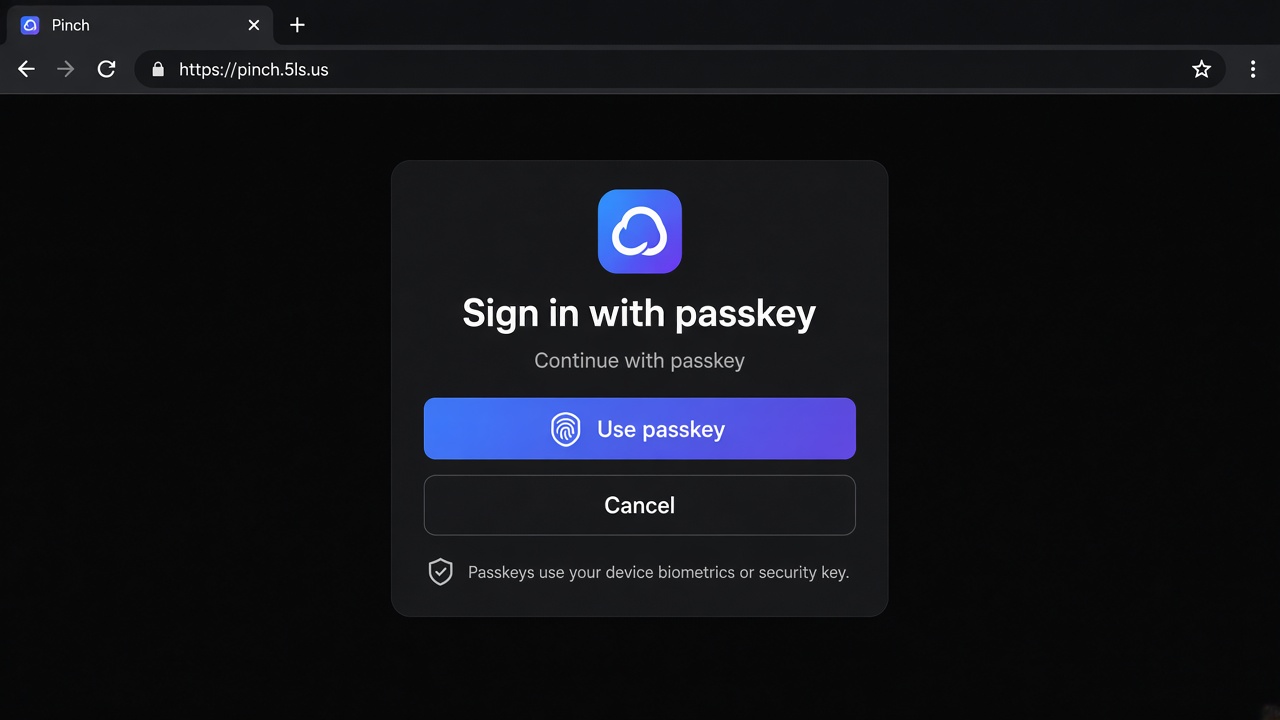 Dark-theme Sign in with passkey dialog for Pinch